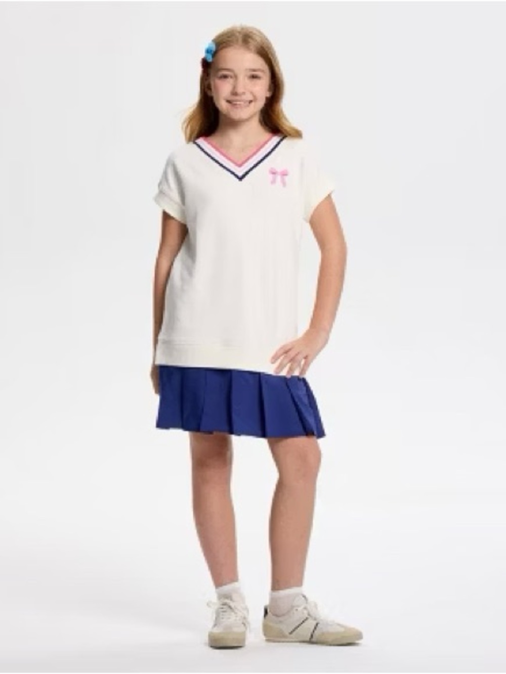 Girls' White V-Neck Casual Dress with Navy Skirt and Pink Trim